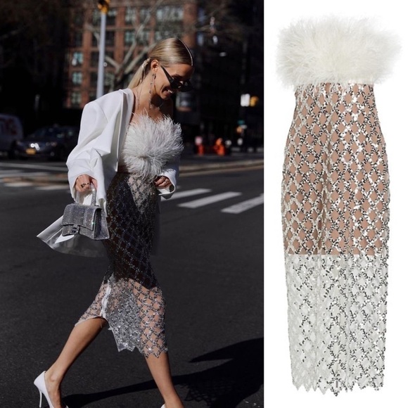 Bronx & Banco Afiyá x Coco Feather Sequin Midi Dress White Silver Size Large NWT - Picture 1 of 9